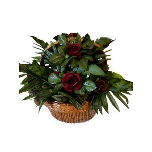 Artificial Red Rose & Greenery Arrangement In Wicker Basket